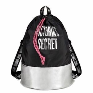 NWT Victoria’s Secret drawstring backpack - - black and silver with pink